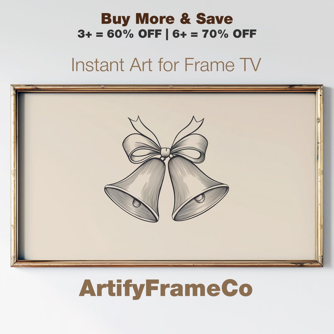 Vintage Engraved Christmas Bells With Ribbon Bow Frame TV Poster