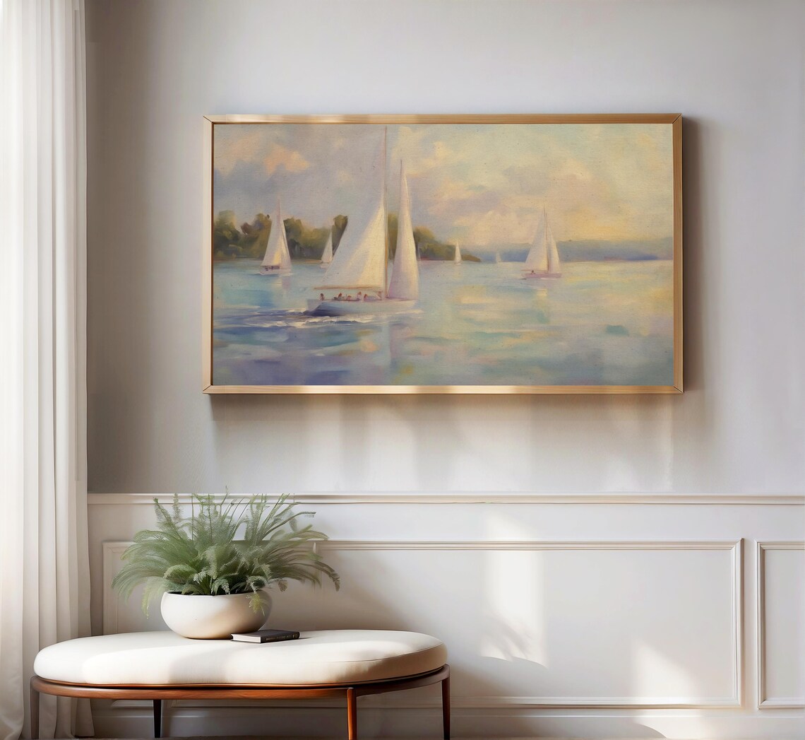 Sailboat Regatta Calm Water Soft Pastel Sky Oil Painting Poster - Image 3