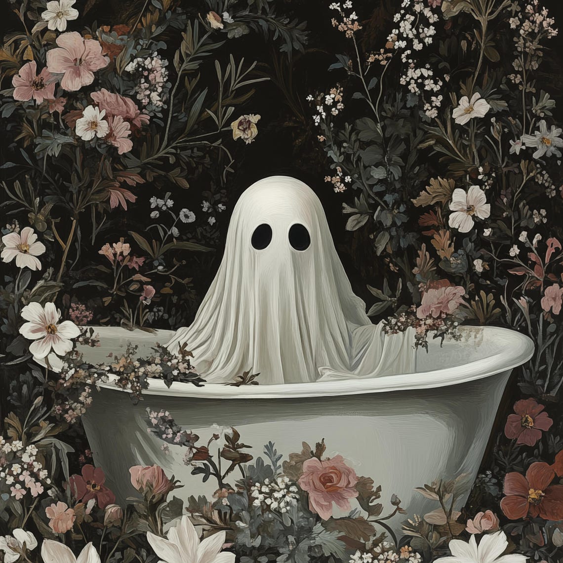 Ghost In Bathtub Surrounded By Dark Gothic Floral Art Poster - Image 4