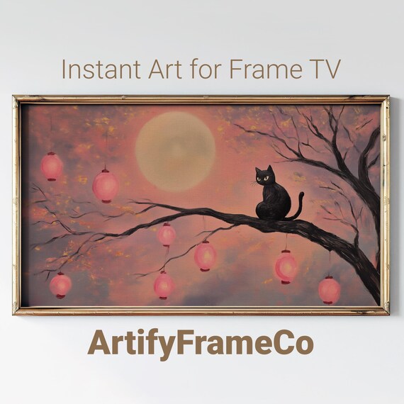 Black Cat on a Branch Under a Pink Moon With Lanterns Halloween Wall Art