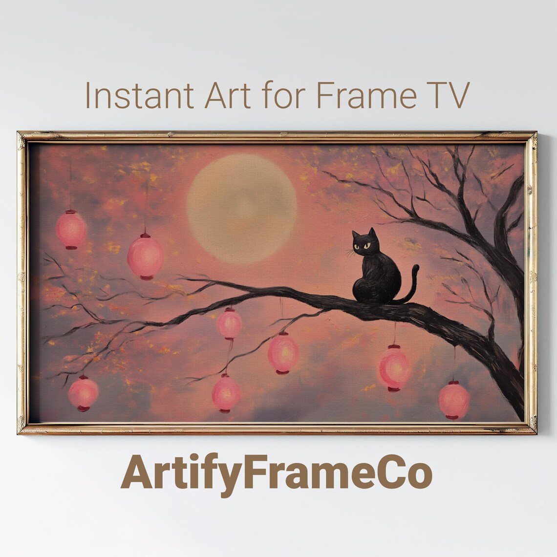 Black Cat on a Branch Under a Pink Moon With Lanterns Halloween Wall Art