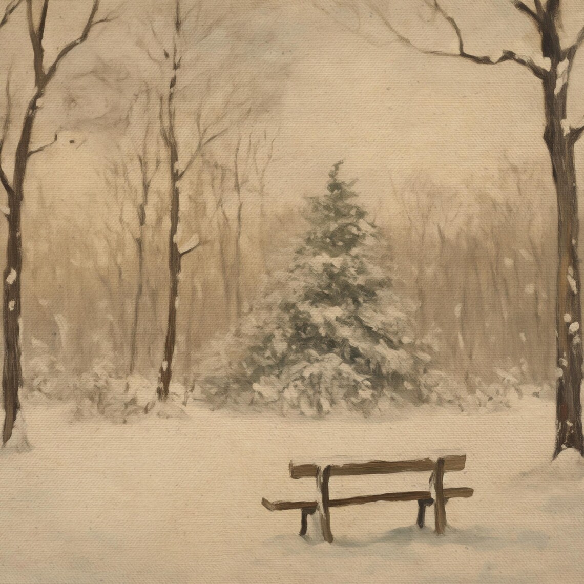 Snowy Winter Forest Bench Vintage Sepia Landscape Oil Painting Poster - Image 4