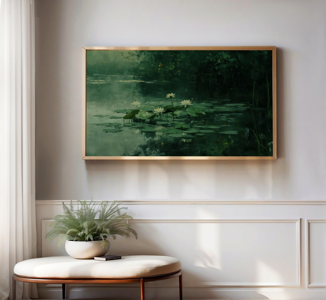 White Water Lilies On Dark Green Pond Moody Botanical Oil Painting Print - Image 3