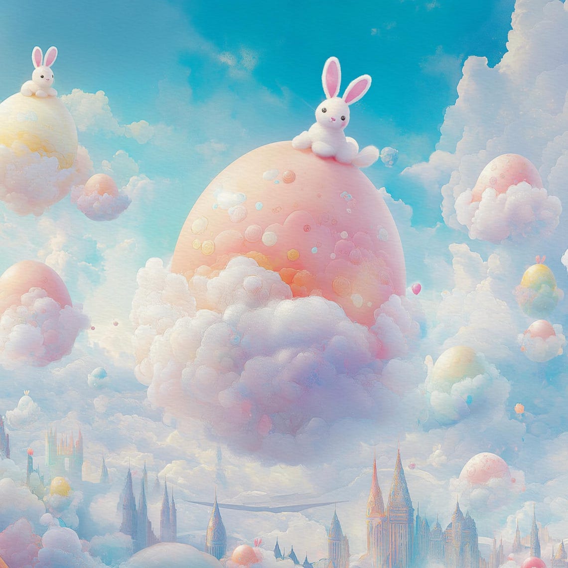 Fantasy Bunnies on Giant Pastel Easter Eggs Floating Cloud Sky Poster - Image 4