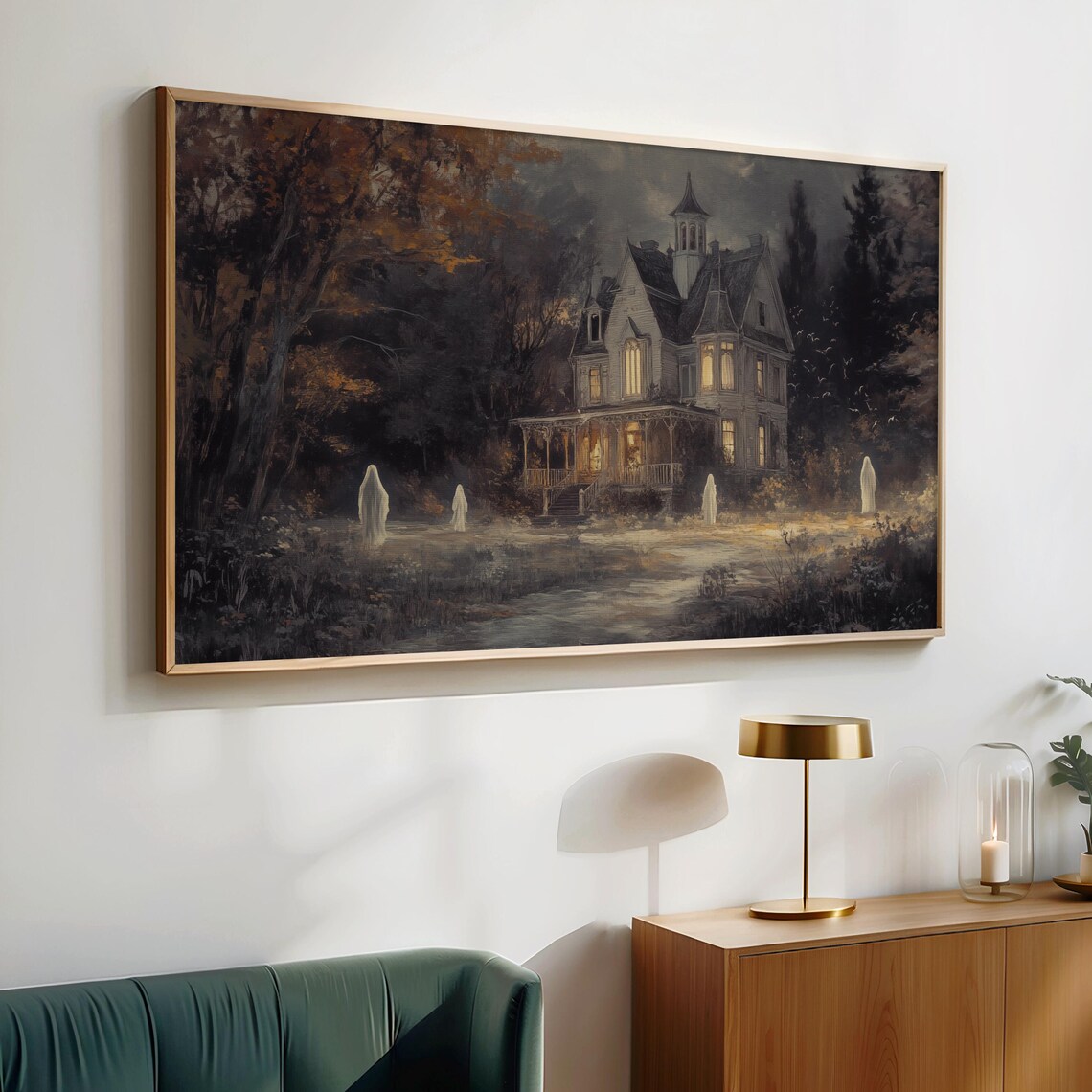 Victorian Manor Haunted by Ghosts at Night Vintage Spooky Halloween Wall Art - Image 4