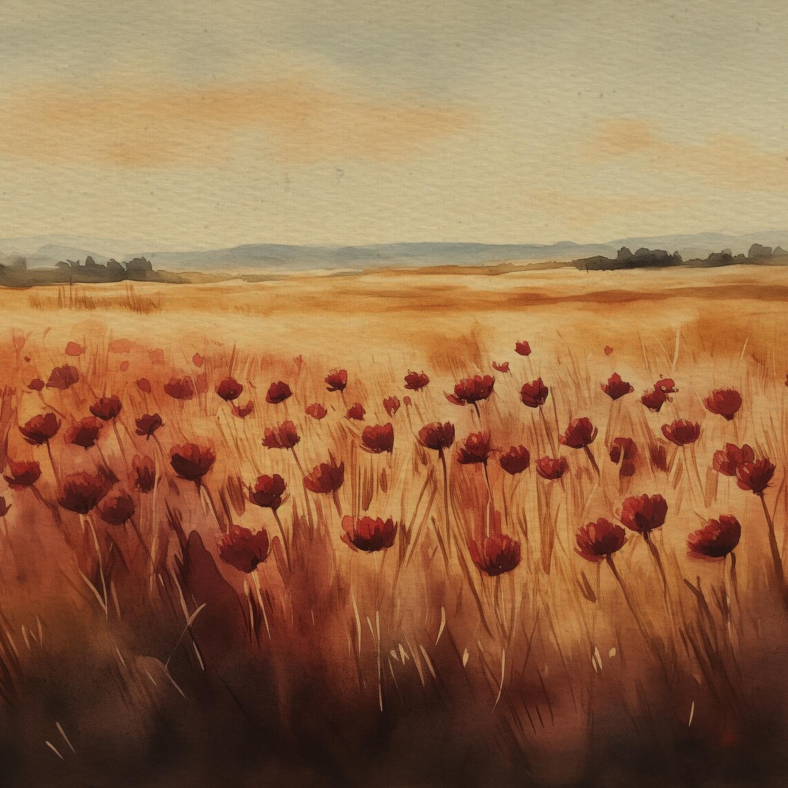 Crimson Poppy Field Watercolor Golden Meadow Frame TV Art Poster - Image 4