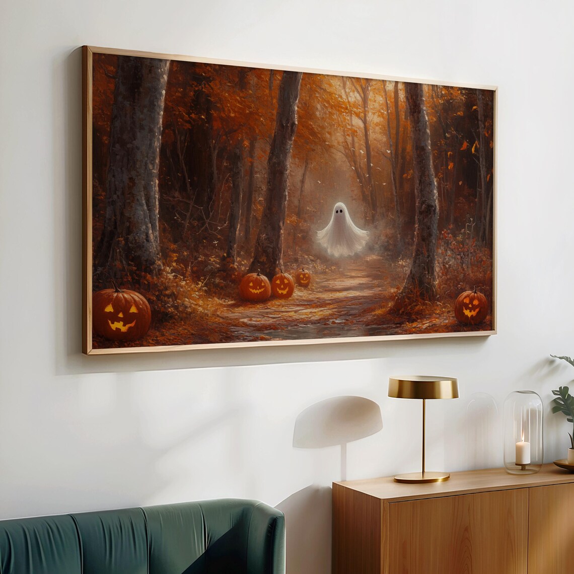 Ghost on a Jack O Lantern Lit Forest Path Autumn Vintage Halloween Wall Art - Image 4