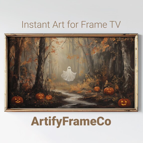 Cute Ghost Floating in Autumn Forest Path With Jack O Lanterns Poster