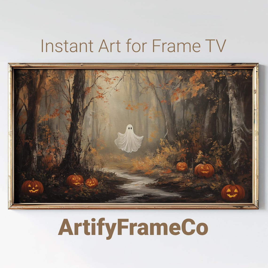 Cute Ghost Floating in Autumn Forest Path With Jack O Lanterns Poster