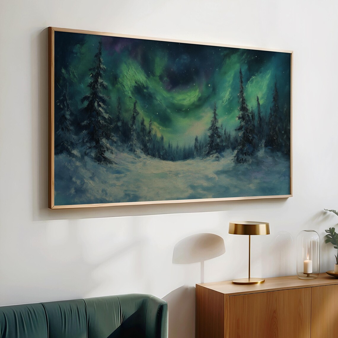 Northern Lights Over Snowy Pines Green Aurora Night Sky Winter Poster - Image 2