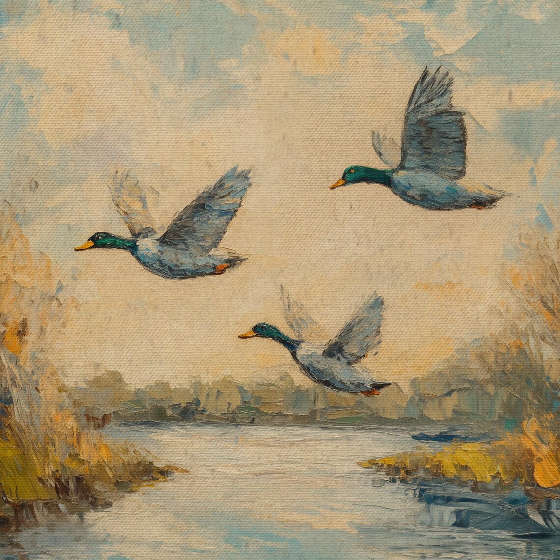 Vintage Flying Ducks Oil Painting River Landscape Art Print - Image 4