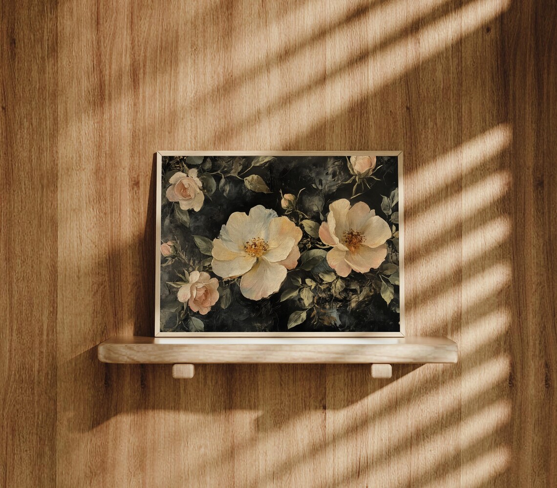 Blush Pink Roses And Ivy On Dark Background Vintage Floral Art Print - Image 3