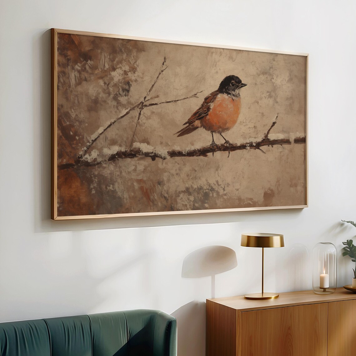 Black Headed Orange Breasted Songbird Snowy Branch Painting Poster - Image 2