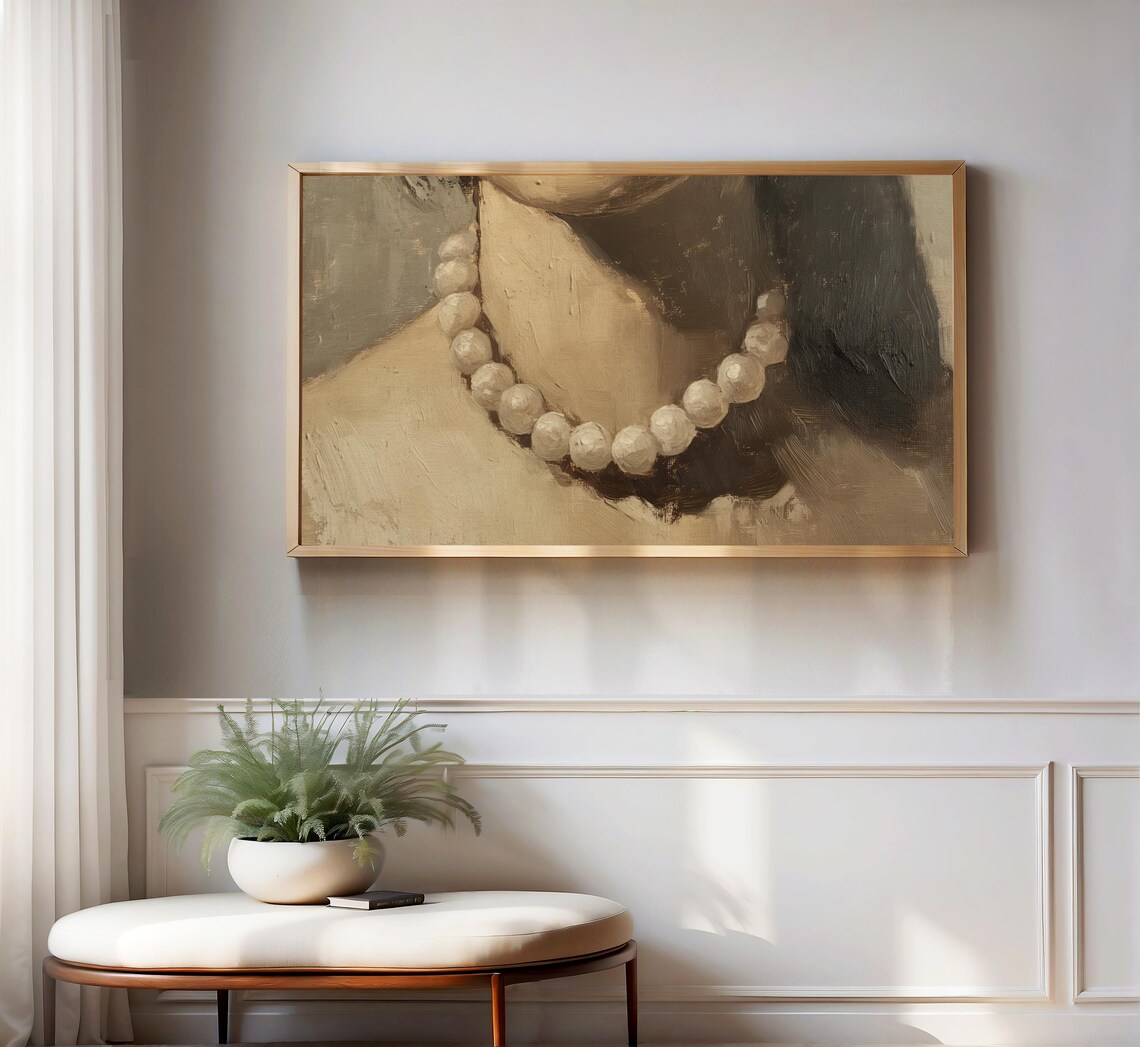 Woman Pearl Necklace Sepia Toned Oil Painting Elegant Portrait Poster - Image 3
