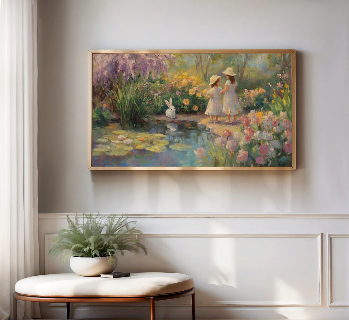 Children and Bunny by Lily Pond Spring Garden Vintage Easter Poster - Image 3