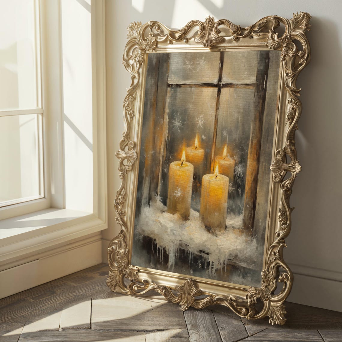 Frosty Window Candles Glowing Warmth Cozy Winter Christmas Eve Poster - Image 2