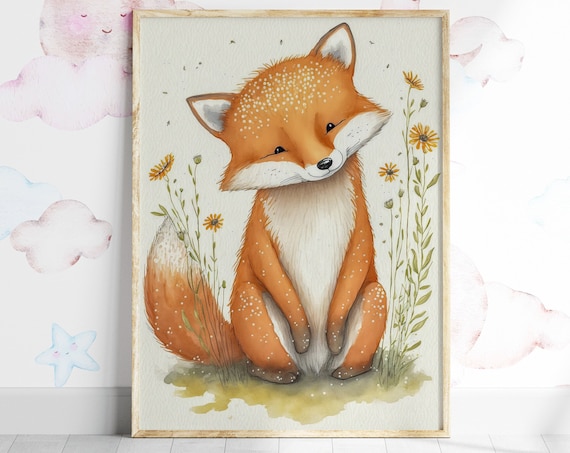 Winking Fox Cub Daisy Flowers Watercolor Nursery Decor Art Poster