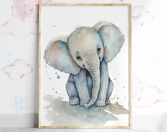 Baby Elephant Watercolor Nursery Cute Animal Kids Room Wall Art