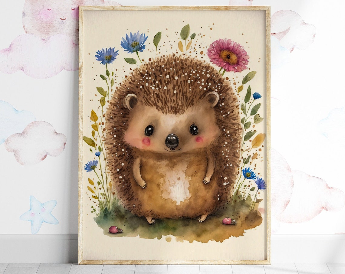 Baby Hedgehog Watercolor Wildflowers Nursery Wall Decor Poster
