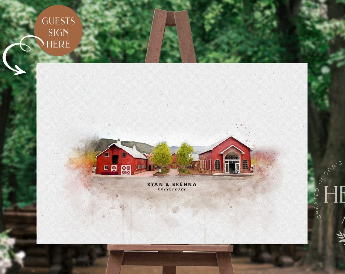 Custom Watercolor Wedding Venue Painting Waterfront Sign Board Poster - Image 4