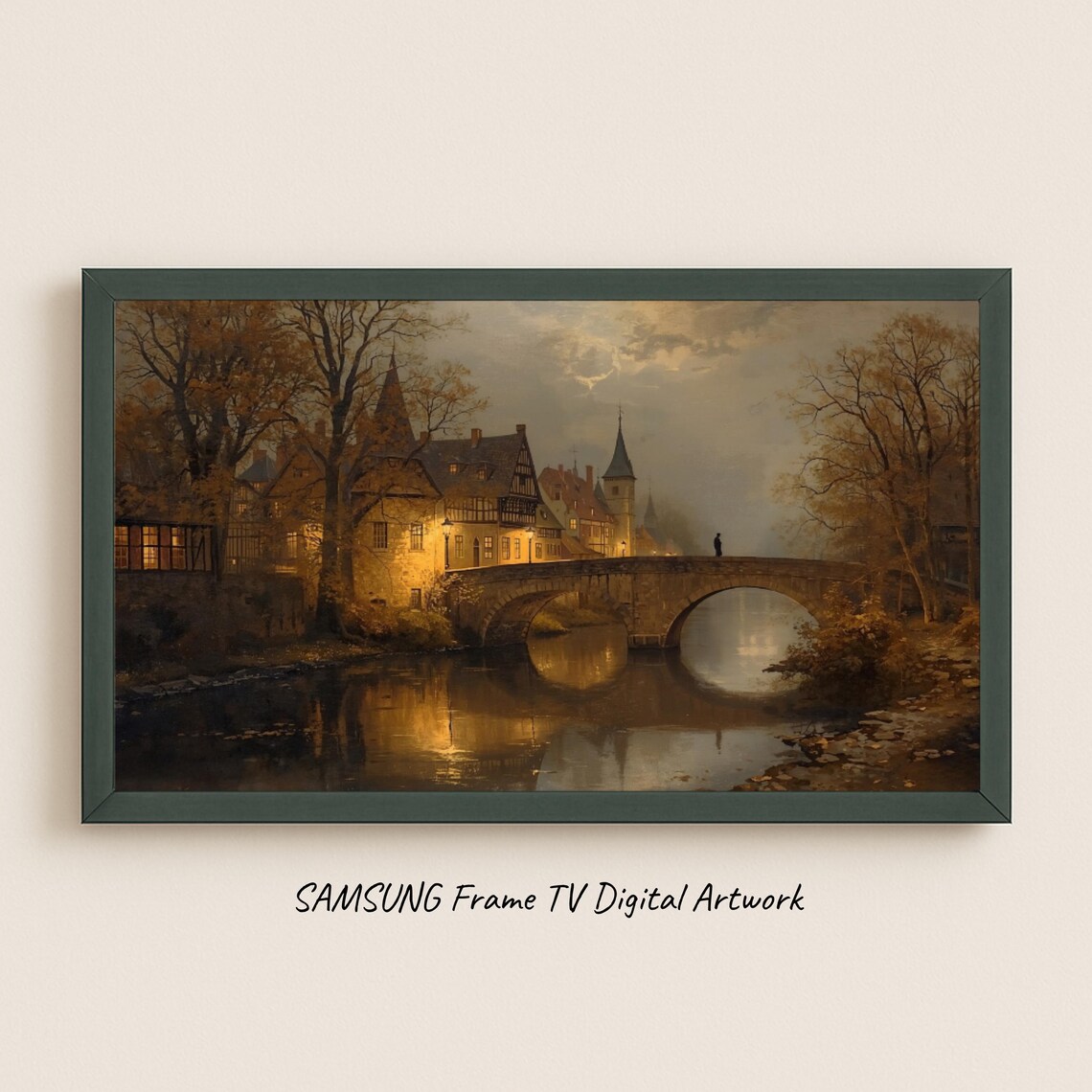 Old Town Stone Bridge At Night Lamp Glow Reflections Painting Poster