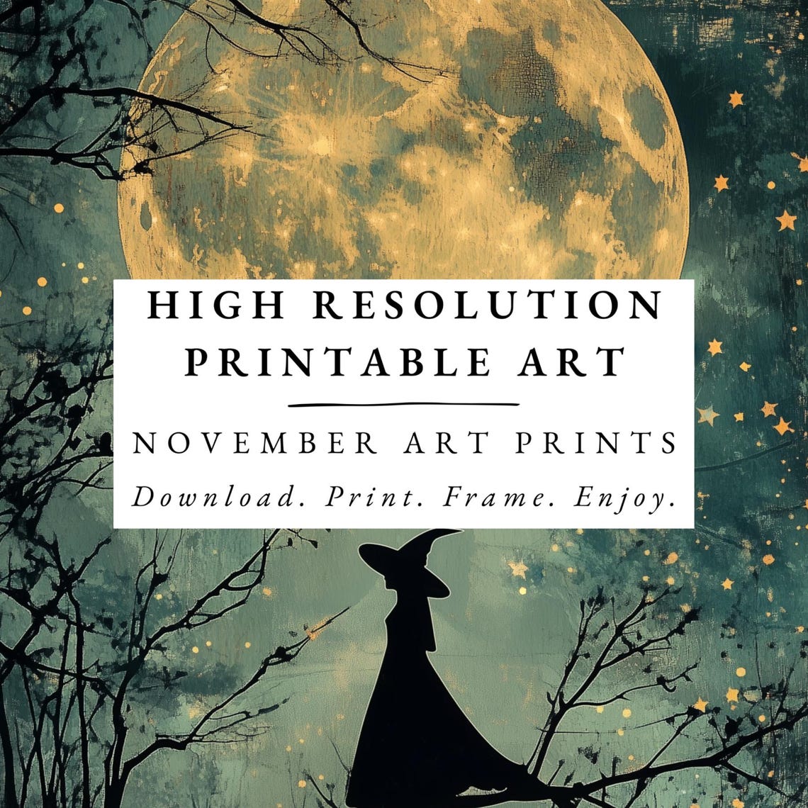 Vintage Full Moon Witch Print Halloween Night Sky Wall Art Witchy Celestial Print Moody Dark Tree Silhouette Stars And Moon Sky - Image 4