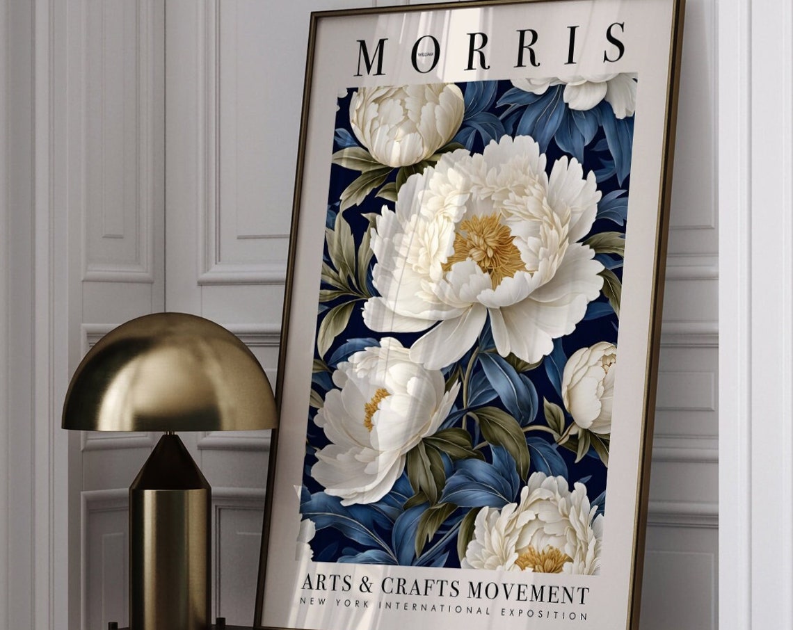 William Morris Arts and Crafts White Peony Navy Floral Poster - Image 6