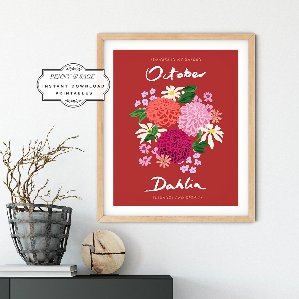 Flower Market October Month Print Botanical Wall Art Monthly Flower Wall Art Flower Market Poster Floral Art Dahlia