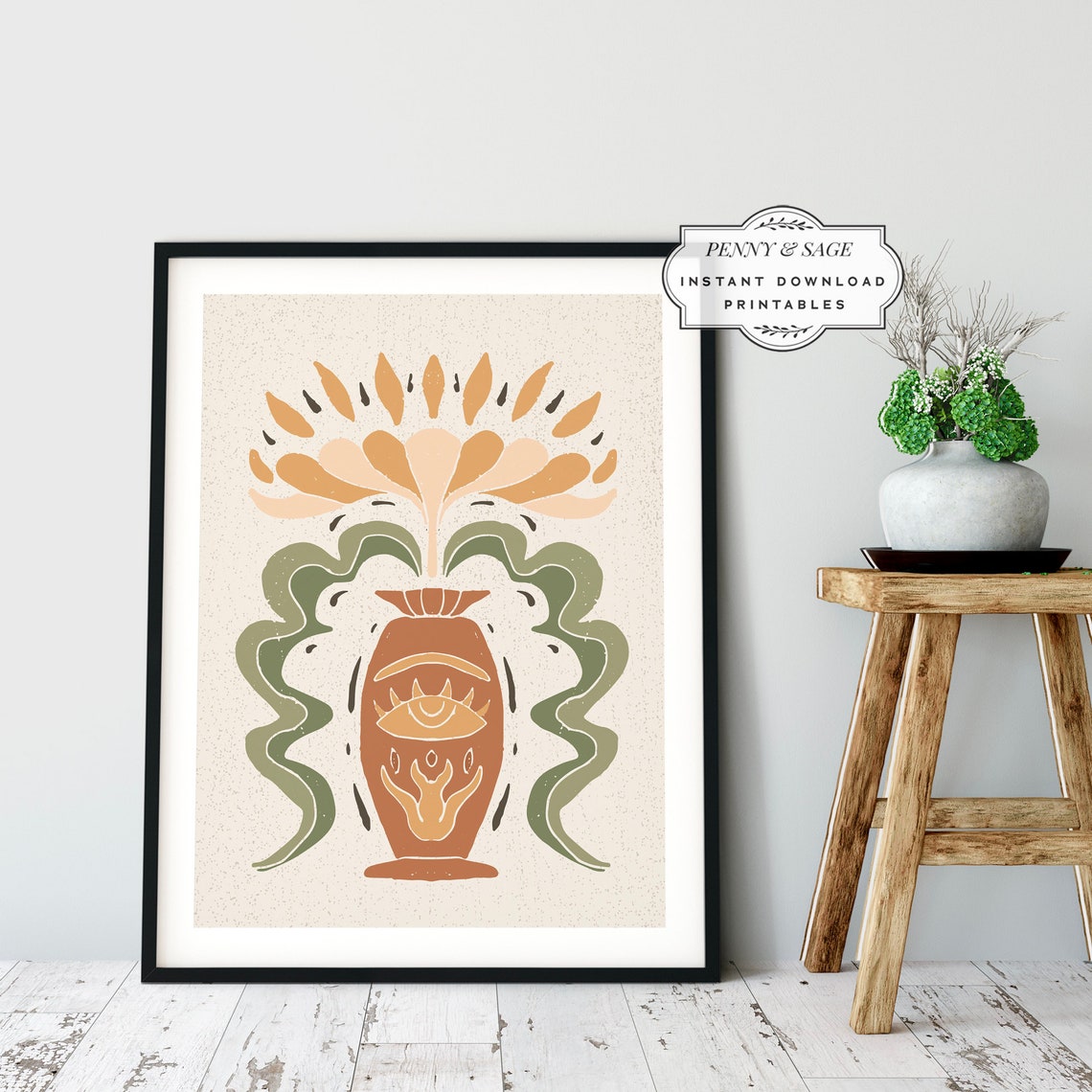 Abstract Terracotta Vase Poster Evil Eye Boho Botanical Decor