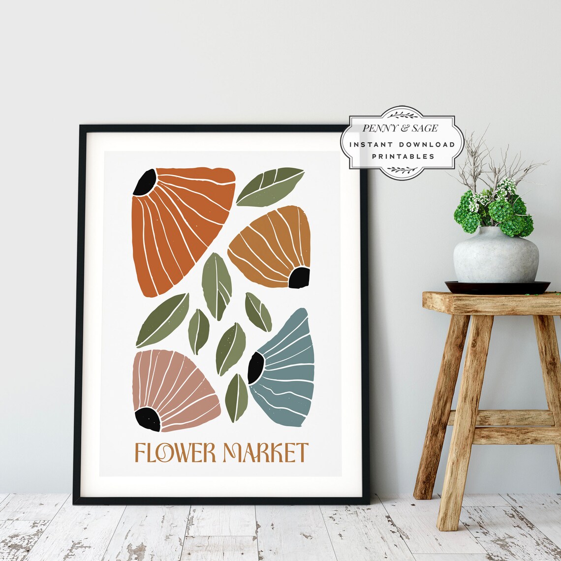 Flower Market Retro Botanical Fan Flower Mid Century Art Poster