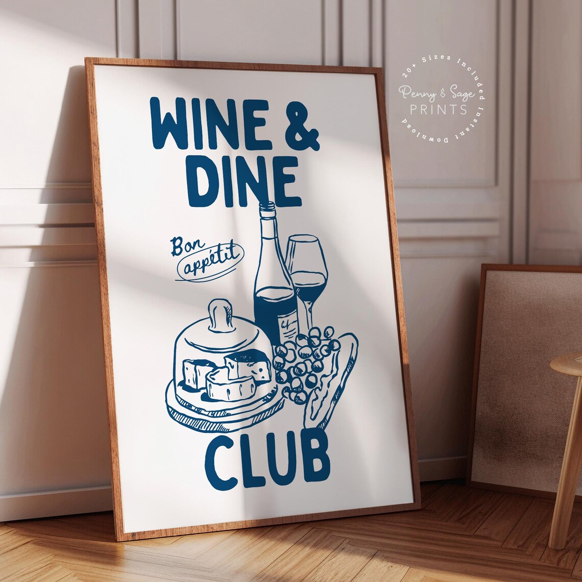 Wine and Dine Club Blue Bon Appetit Wine Cheese Bistro Kitchen Wall Art - Image 2