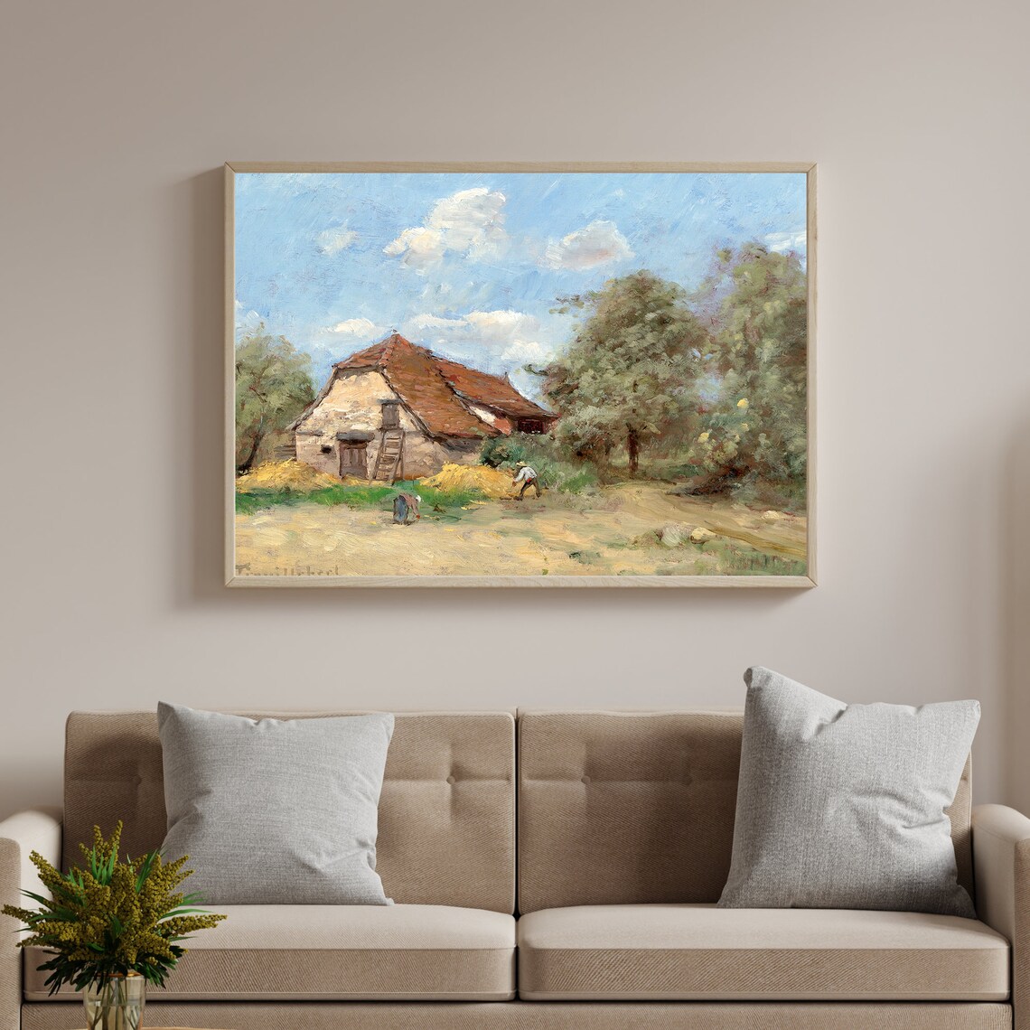 Vintage Oil Painting Stone Farmhouse Hay Harvest Blue Sky Art Poster - Image 3