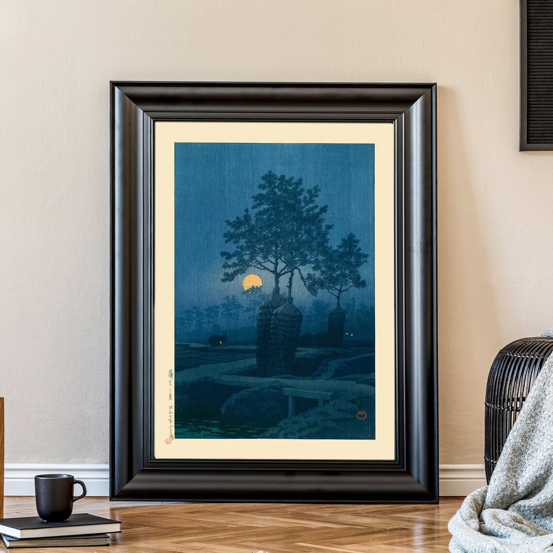 Japanese Full Moon Night Trees Woodblock Style Moonlight Art Poster - Image 2