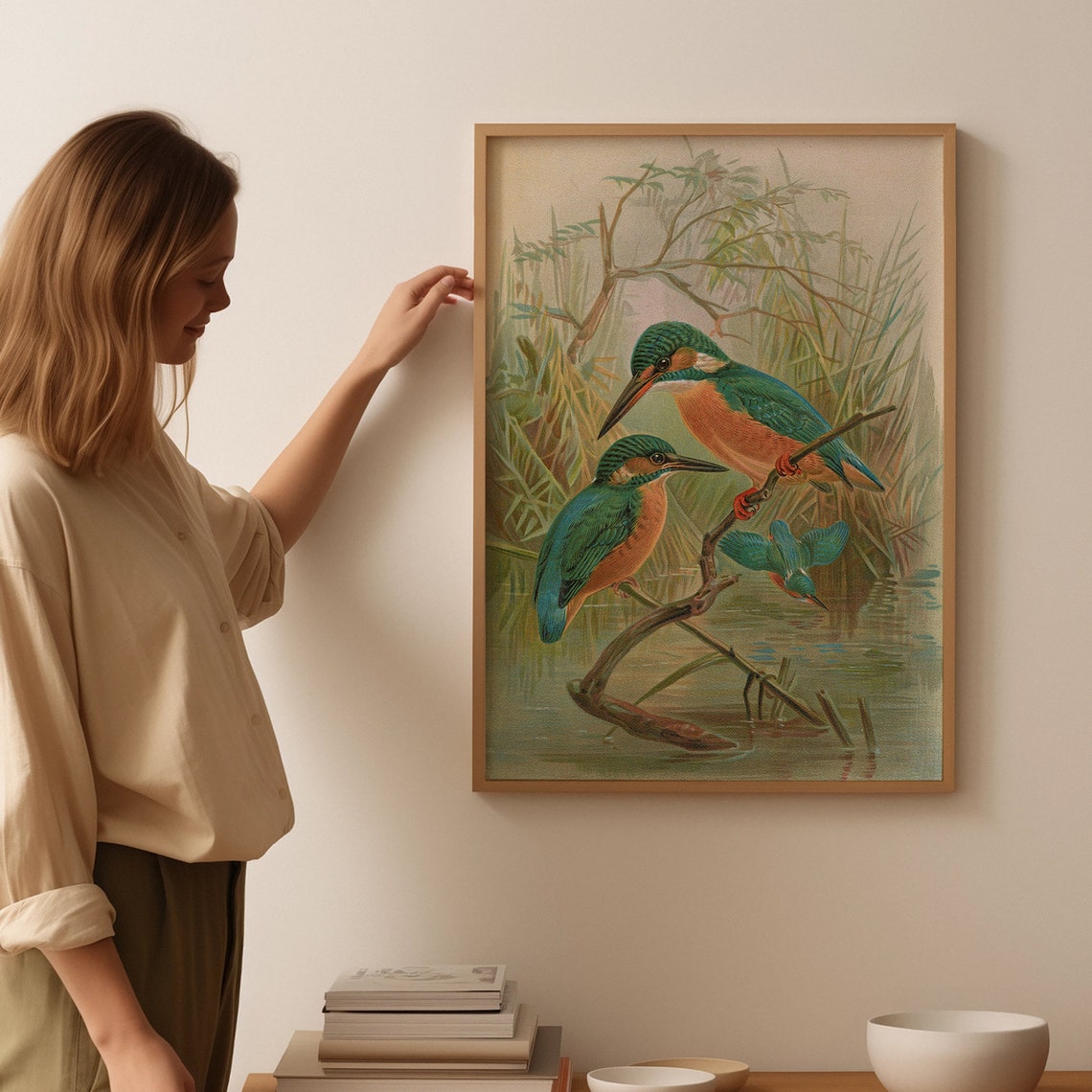 Three Kingfishers Perched by Water Vintage Naturalist Bird Art Poster - Image 2