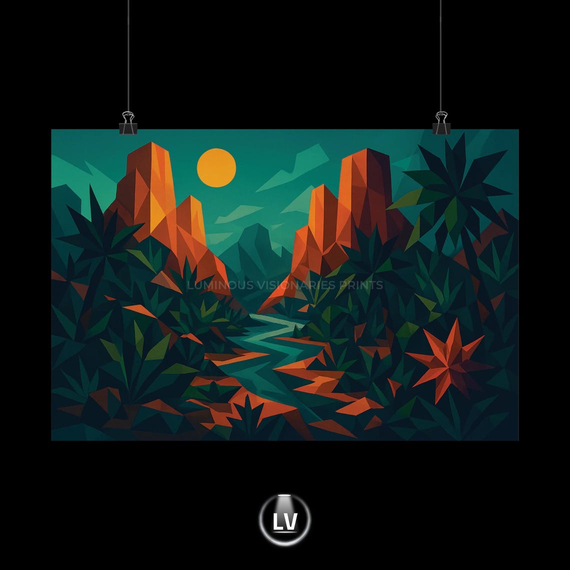Geometric Jungle Painting Poster Sunset Over Low Poly Cliffs