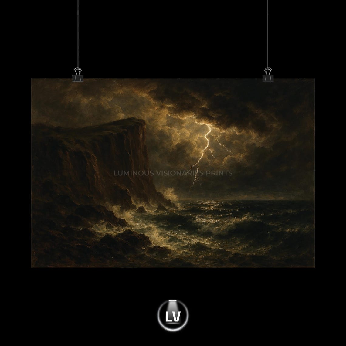 Stormy Coastal Painting Cliffs Lightning Sea Waves Dramatic Art Print