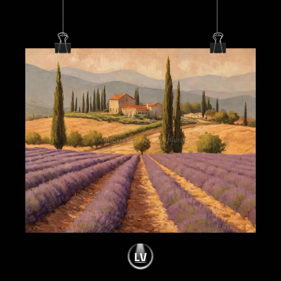 Lavender Field Painting Poster Tuscan Villa Cypress and Hills