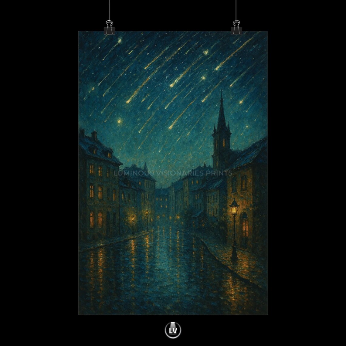 Meteor Shower Over Old Town Street at Starry Night Art Poster