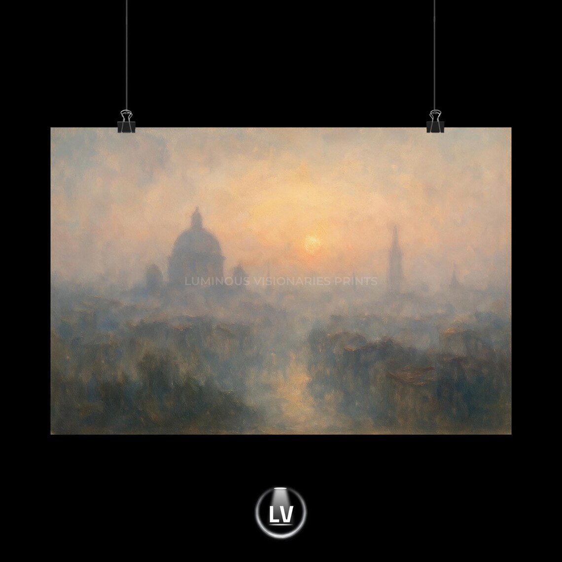 Misty European City Sunrise Oil Painting Poster Foggy Dome Cityscape Art