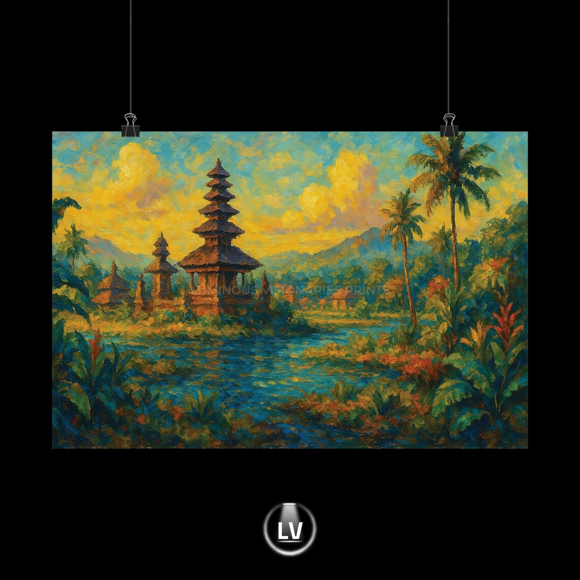 Bali Indonesia Temple Lake Sunset Oil Painting Tropical Wall Art