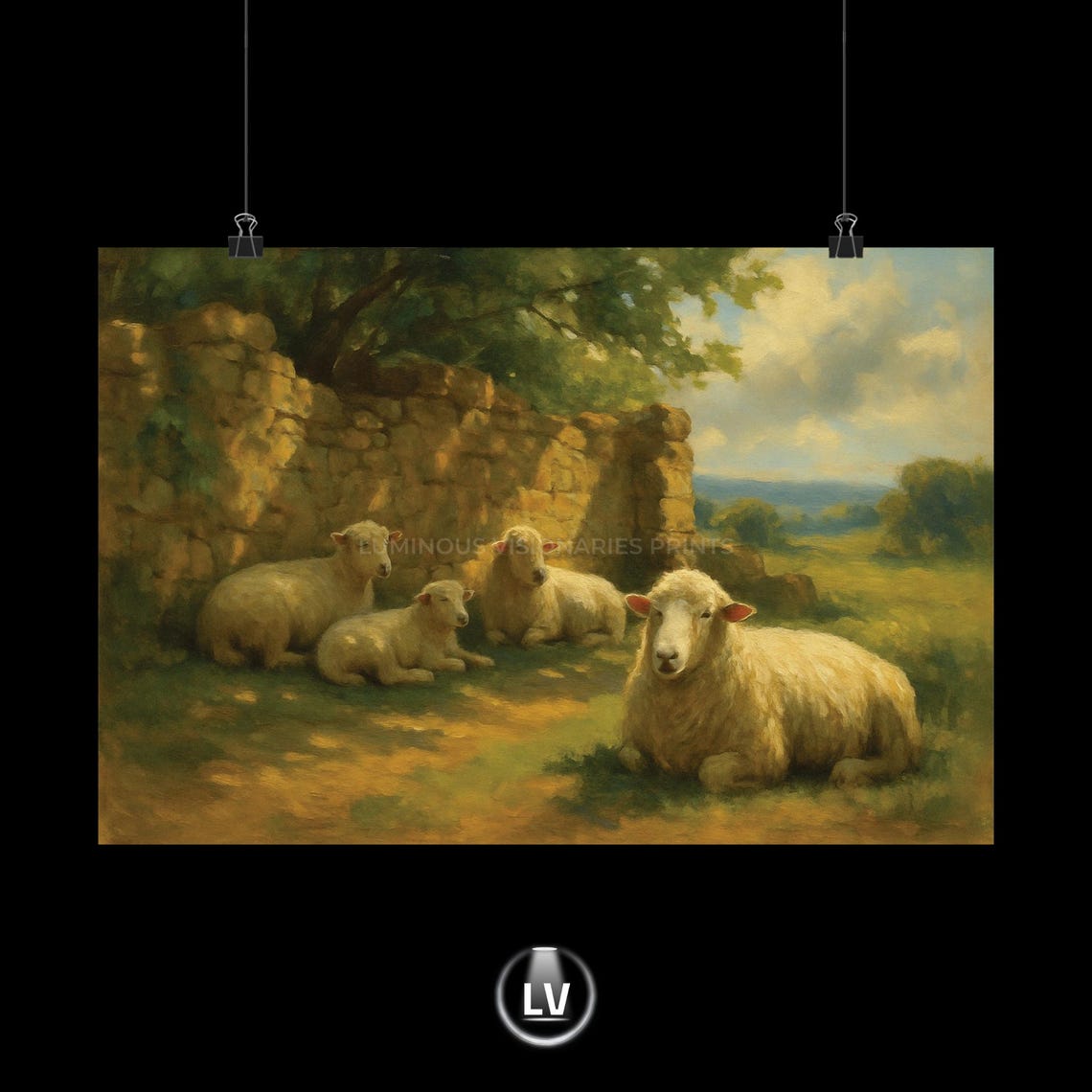 Sheep Resting by Stone Wall in Sunlit Meadow Vintage Painting Poster