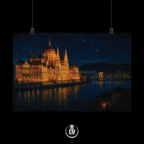 Matte Horizontal Poster Elegant Wall Art Decor Vintage Cityscape Print Home Office Budapest Night Scene Apacs 81
