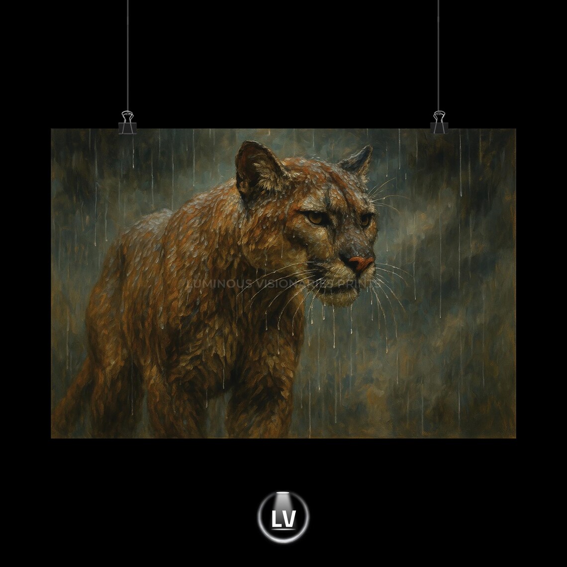 Mountain Lion in Rain Moody Wildlife Close Up Oil Painting Poster