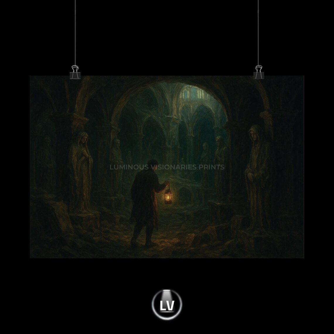 Haunted Crypt Lantern Gothic Horror Poster Eerie Dark Castle Wall Decor