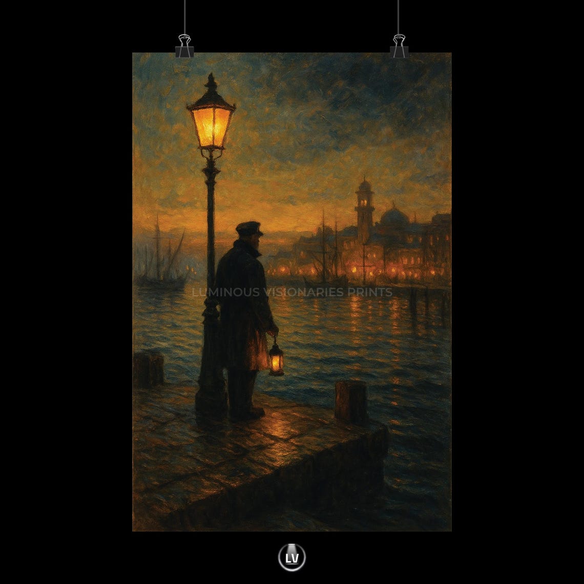 Lonely Night Watchman Harbor Pier Lantern Vintage Art Poster