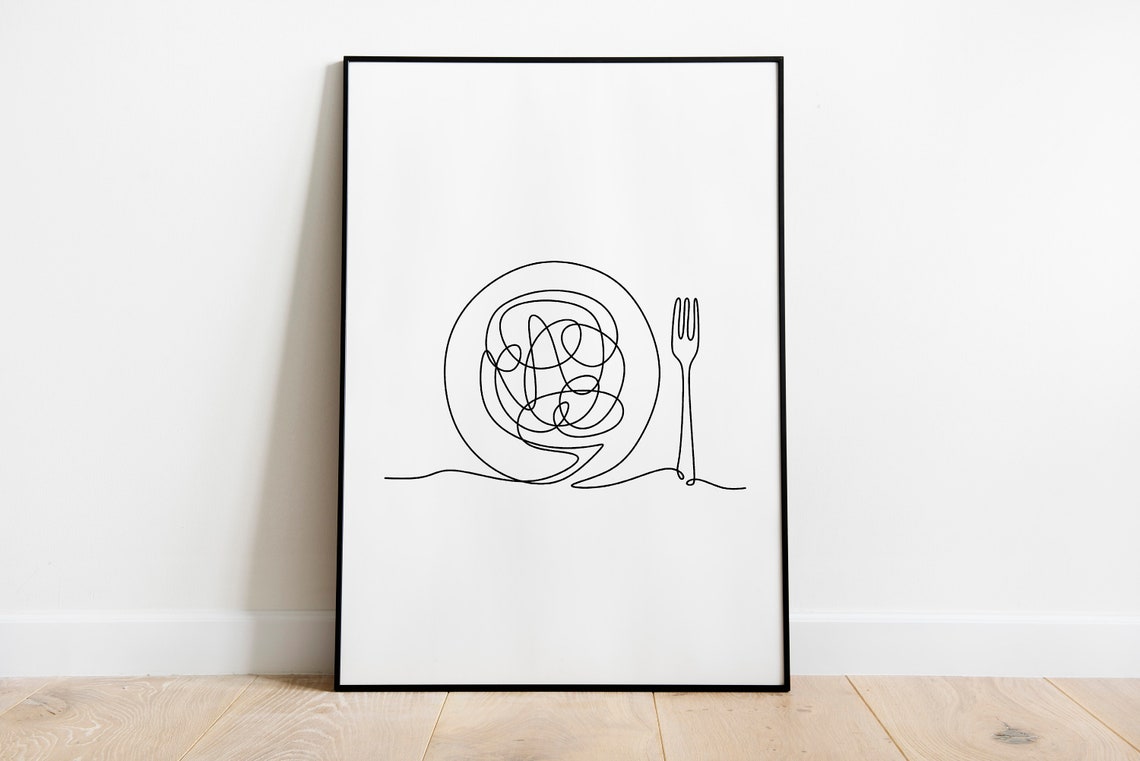Minimal Dinner Plate Fork Knife Line Drawing Kitchen Sketch Poster - Image 2