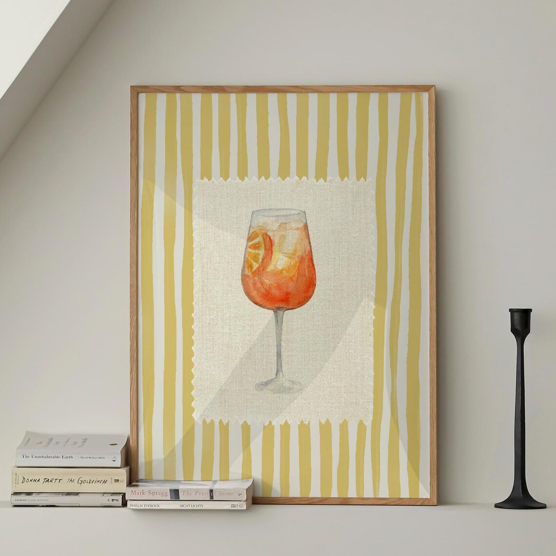 Aperol Spritz Watercolor Yellow Stripes Retro Bar Cart Wall Art