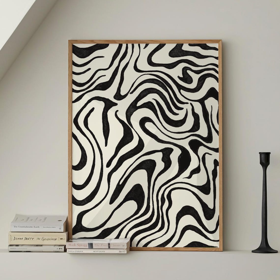 Black Abstract Wavy Line Art Modern Minimal Decor Gift Poster