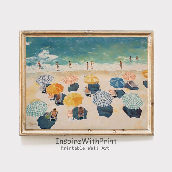Retro Beach Umbrella Aerial Ocean Painting Vintage Coastal Summer Wall Poster