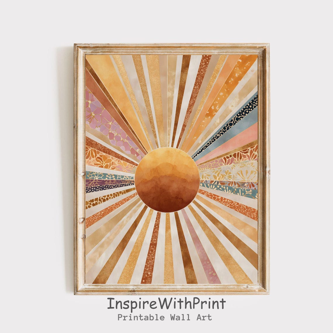 Earthtone Boho Sunrise Golden Patterned Rays Midcentury Poster